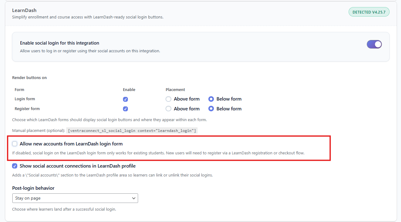 VentraConnect Social Login – LearnDash, LearnPress, and LifterLMS settings screens with the 'Allow new accounts from  login forms' toggle
