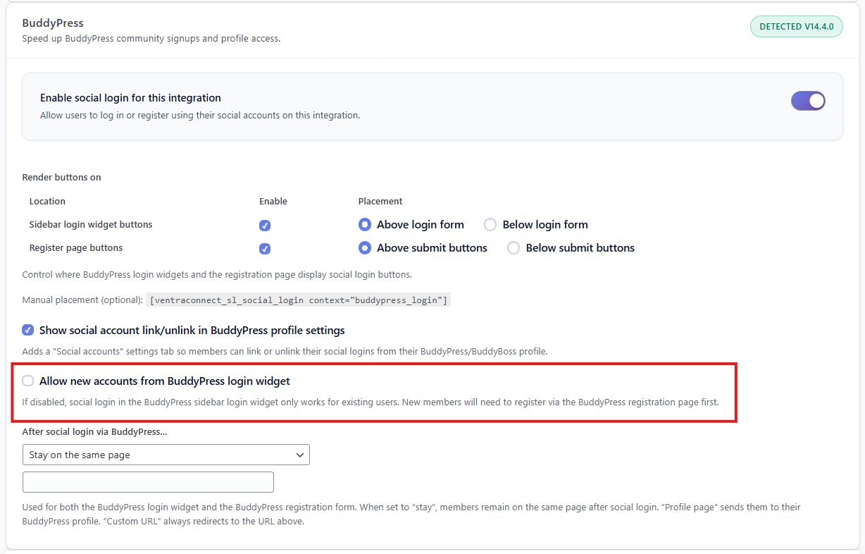 VentraConnect Social Login – MemberPress and BuddyPress settings screens with the 'Allow new accounts from  login forms' toggle