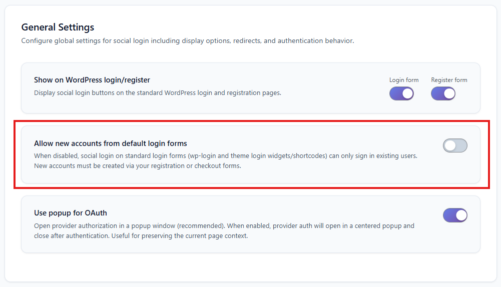 VentraConnect Social Login – General Settings screen with the 'Allow new accounts from default login forms' toggle