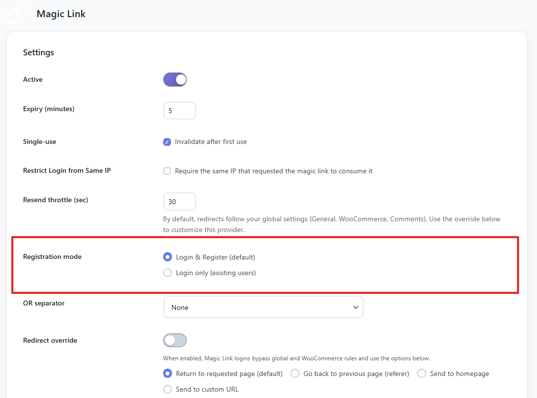 VentraConnect Social Login – Magic Link and OTP settings screens with the 'Registeration Mode toggles