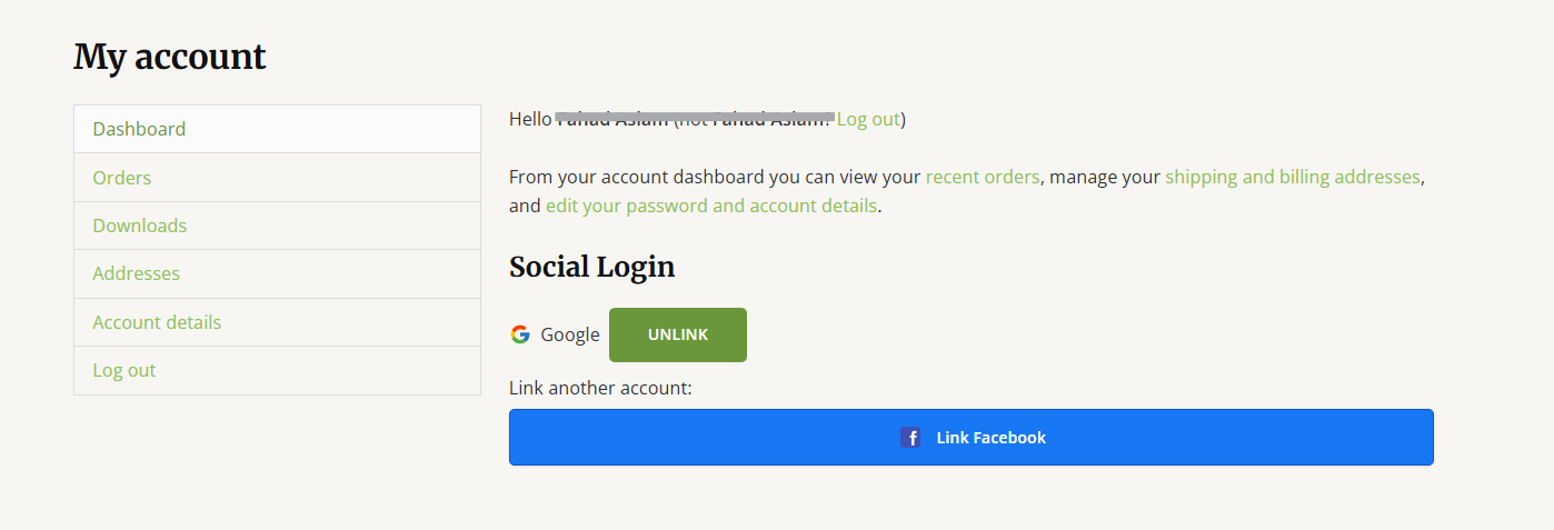 Social login section on the WooCommerce My Account page, existing customer with Google linked and option to link Facebook.