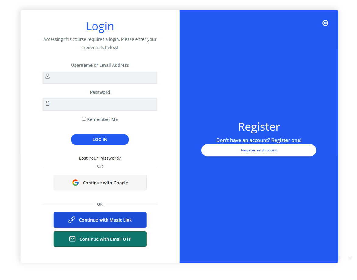 LearnDash login popup with Google, Magic Link and Email OTP added by VentraConnect