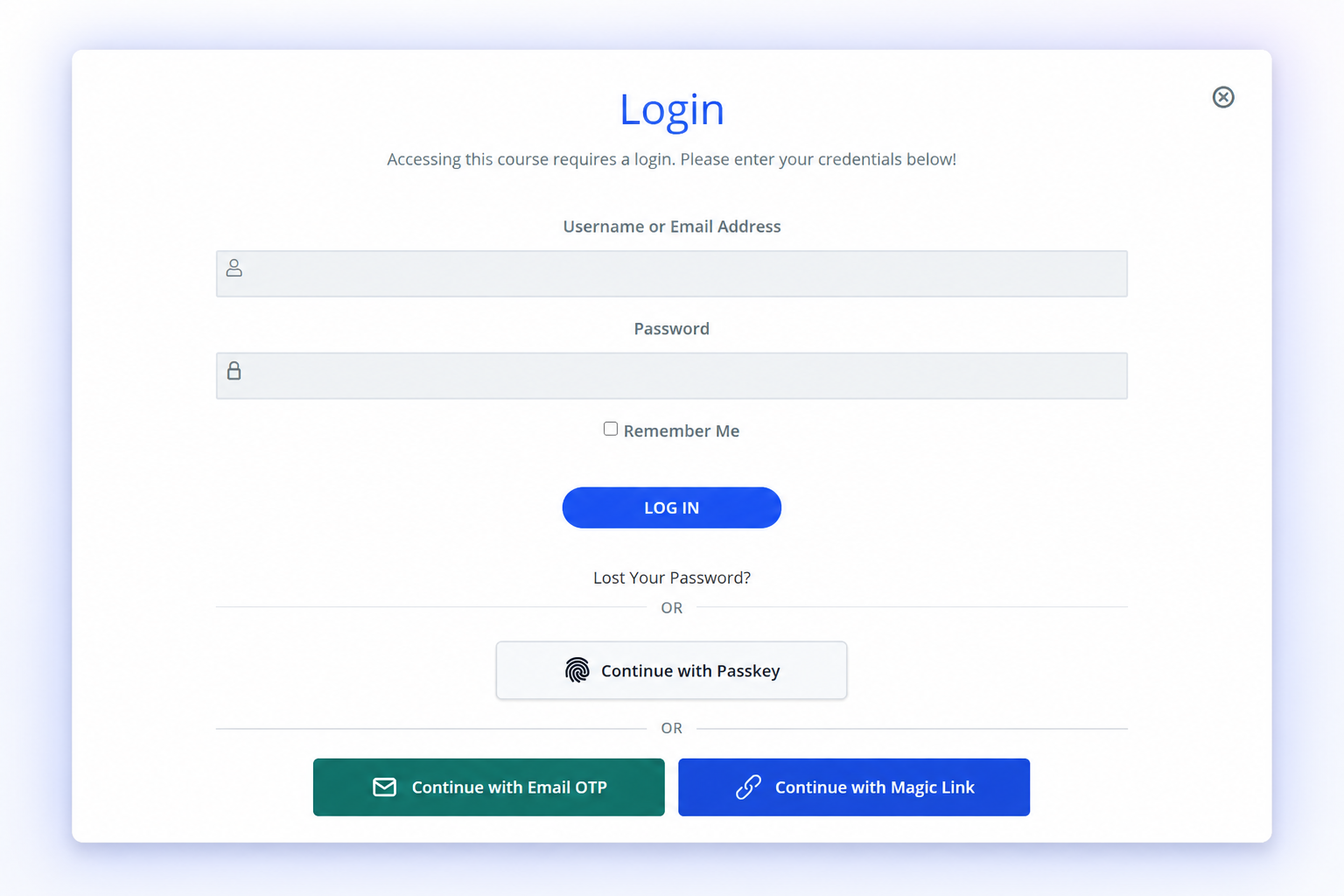 LearnDash course login modal showing Continue with Passkey, Email OTP, and Magic Link options