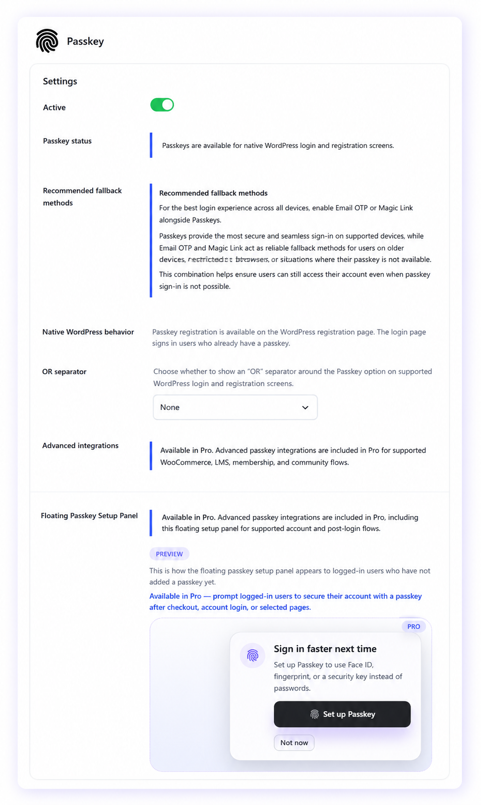 VentraConnect Passkey settings showing native WordPress support, fallback methods, advanced integrations, and a floating Passkey setup prompt