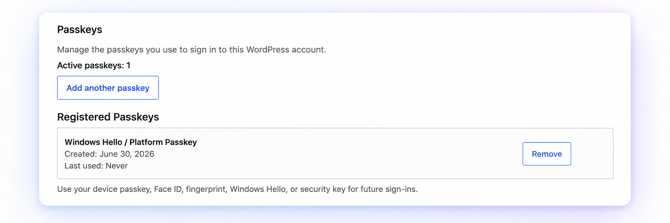 WordPress profile screen showing registered Passkeys with options to add or remove a device Passkey