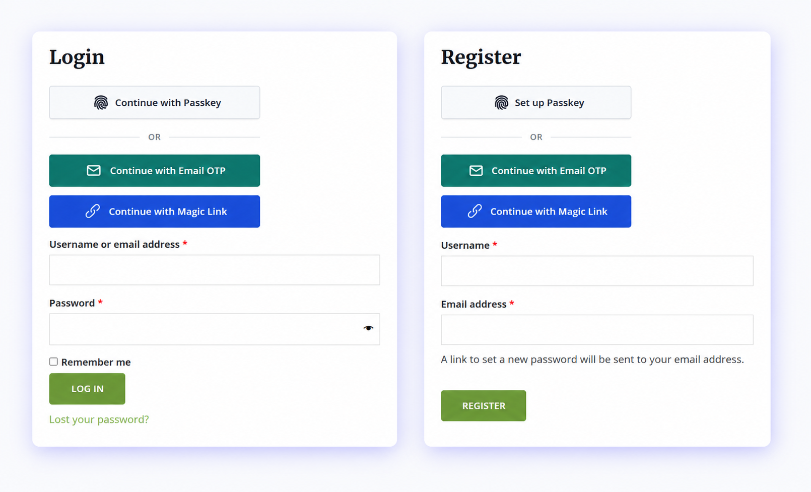WooCommerce My Account login screen with a Passkey sign-in option