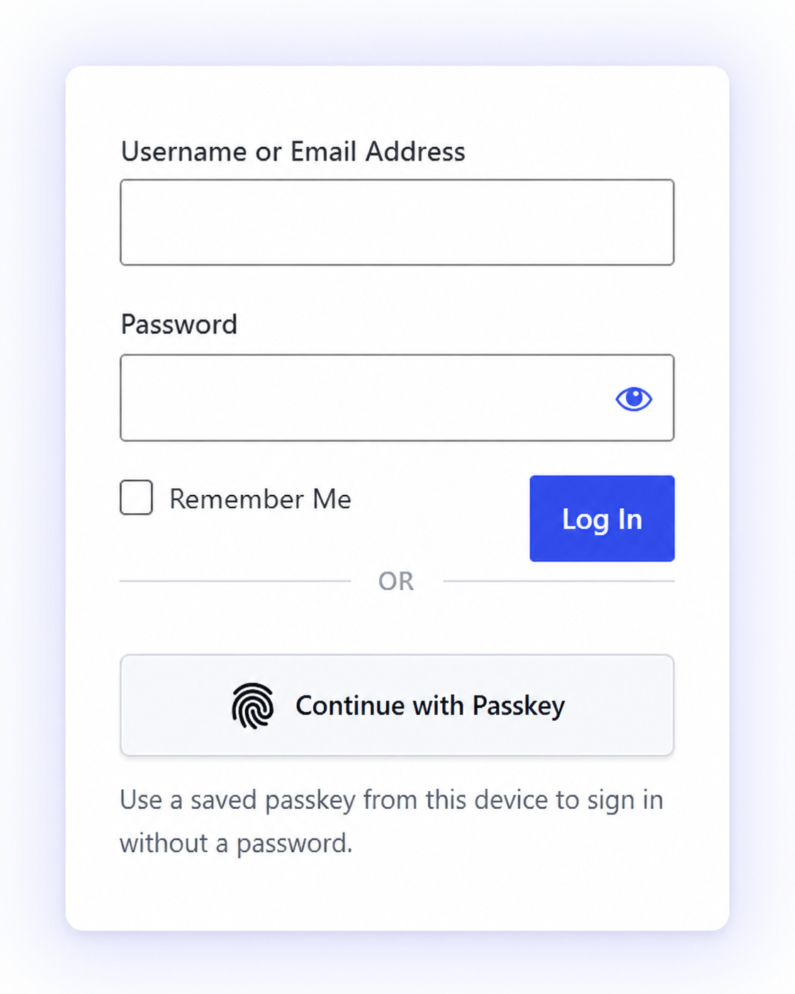WordPress login form with a Continue with Passkey button for passwordless sign-in