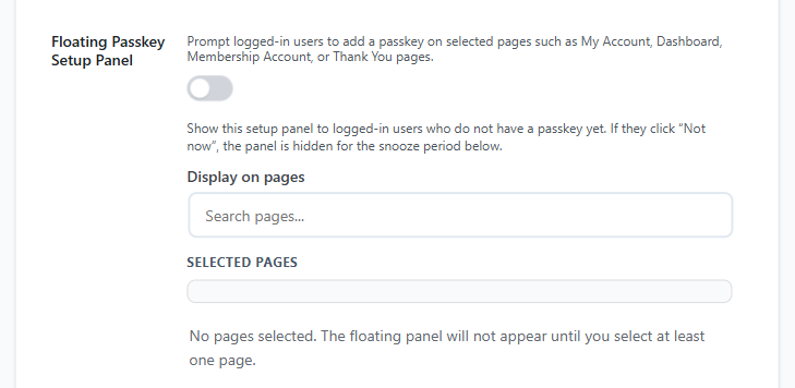 Floating Passkey Setup Panel setting with the enable toggle off by default and the Display on pages picker showing No pages selected