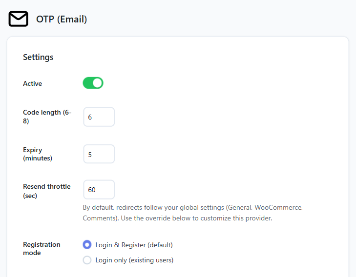VentraConnect Email OTP settings showing the Active toggle, Code length, Expiry in minutes, Resend throttle and Registration mode
