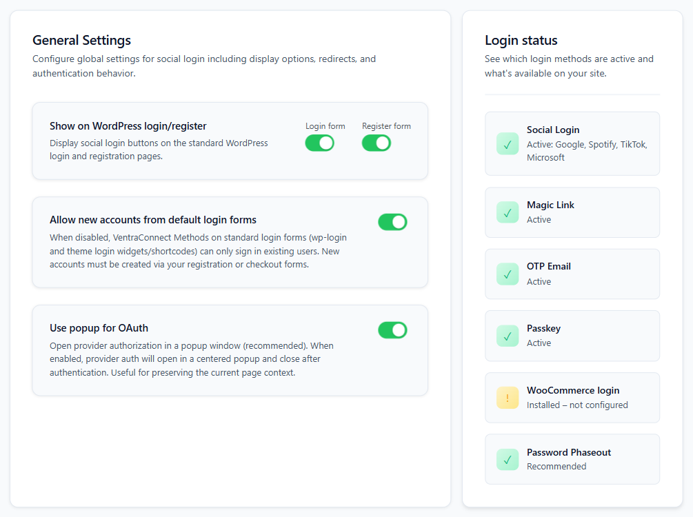 VentraConnect Settings tab showing Show on WordPress login/register with the Login form and Register form toggles, next to the Login status card