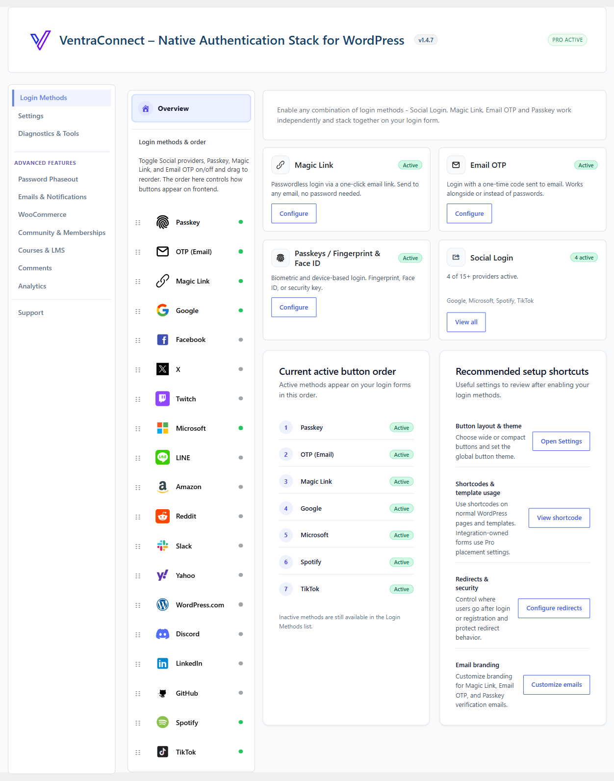 VentraConnect Login Methods Overview screen showing the settings navigation, the drag-to-reorder list of login methods, status cards for Magic Link, Email OTP, Passkeys and Social Login, the current active button order and recommended setup shortcuts