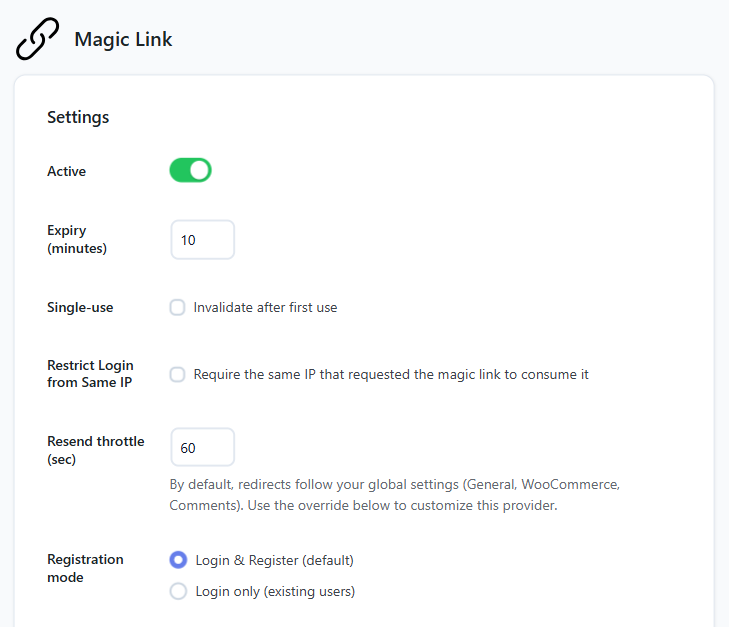 VentraConnect Magic Link settings showing the Active toggle, Expiry in minutes, Single-use, Restrict Login from Same IP, Resend throttle and Registration mode