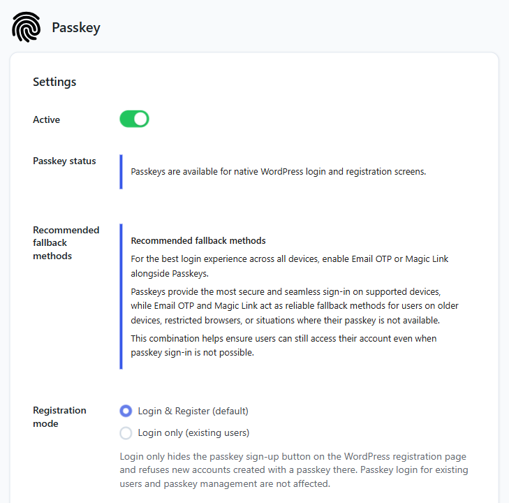 VentraConnect Passkey settings showing the Active toggle, Passkey status, recommended fallback methods and the Registration mode options